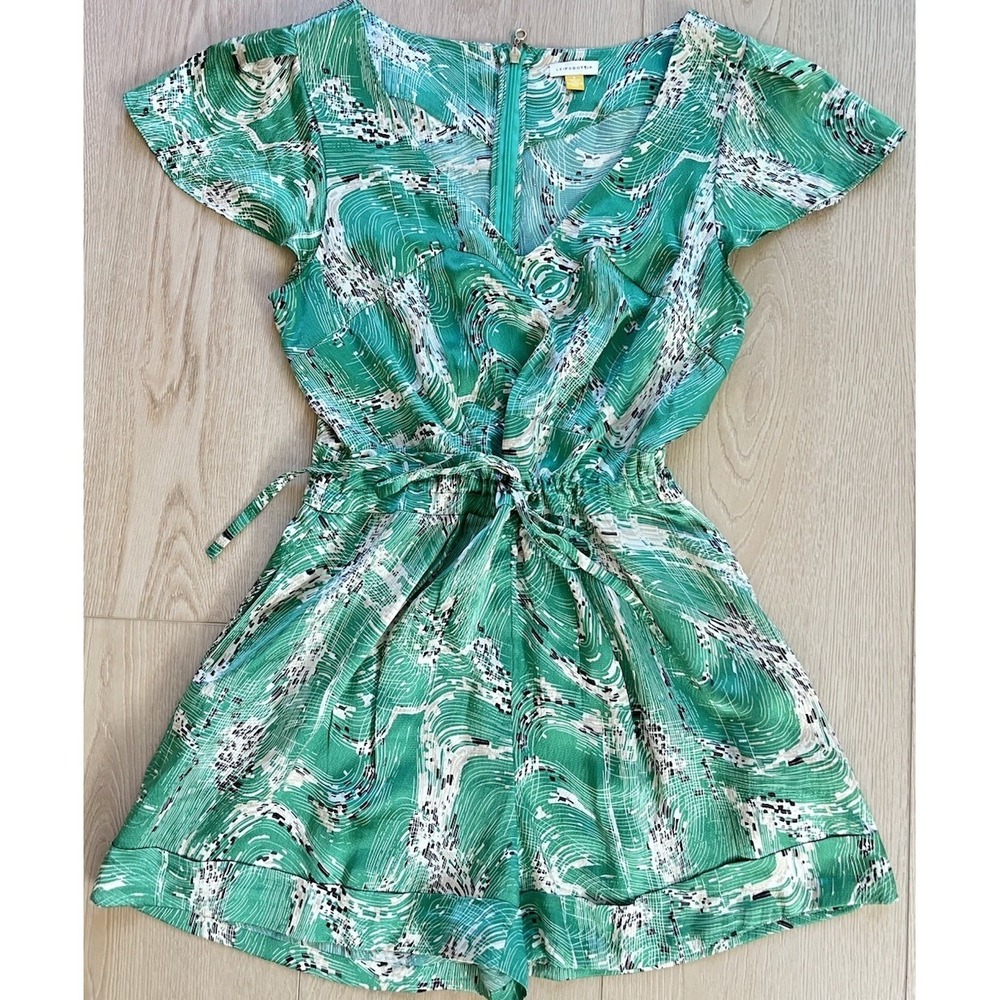 Leifsdotier Women's Silk Romper Size 6 Green Zip Short Sleeve Pockets V Neck Zip